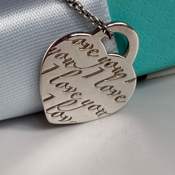 Tiffany & Co Retired Notes Collection Silver I Love You Script Heart Pendant 18” - Picture 12 of 16